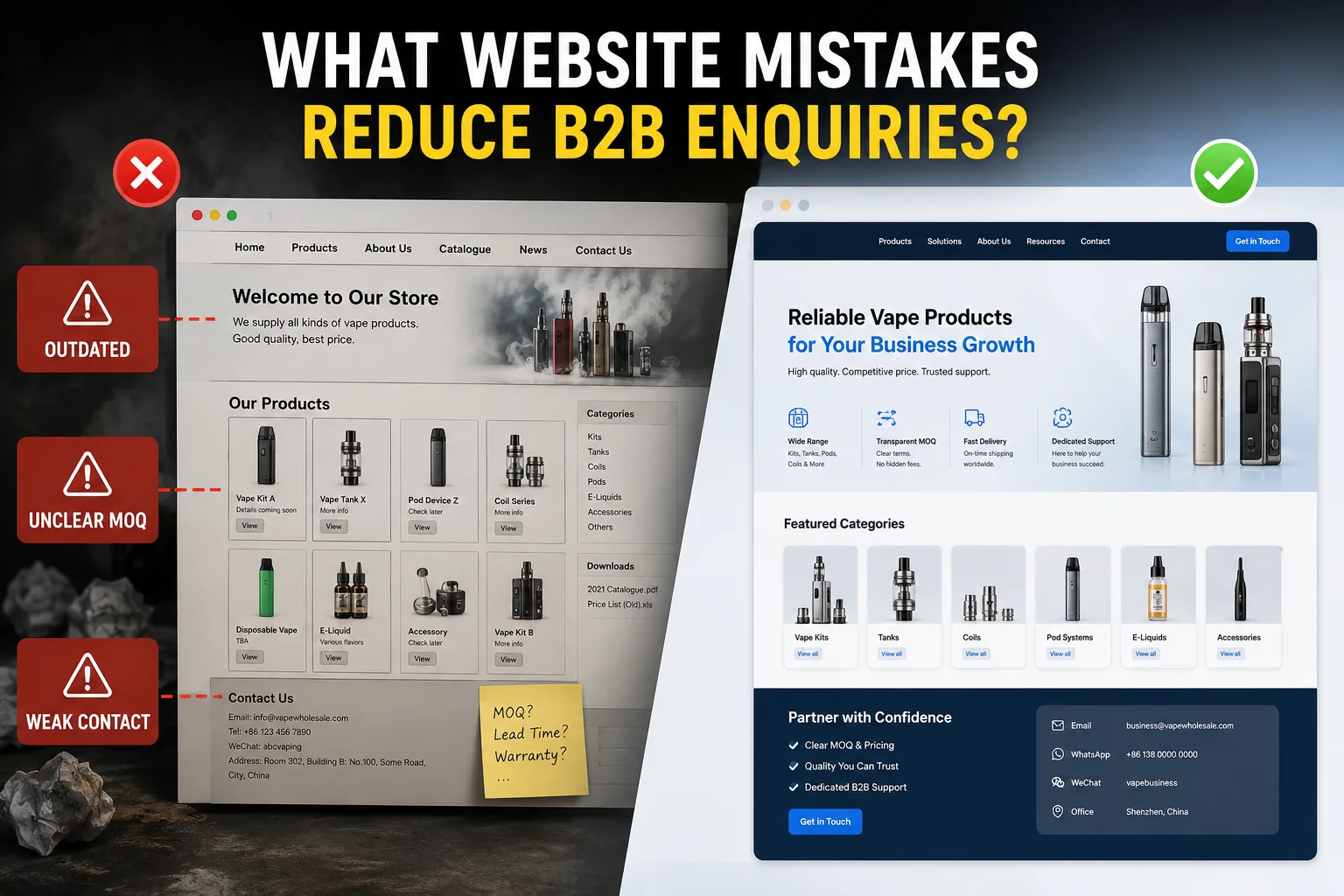 Comparison of outdated and optimized B2B vape websites highlighting design and communication improvements for better inquiries.