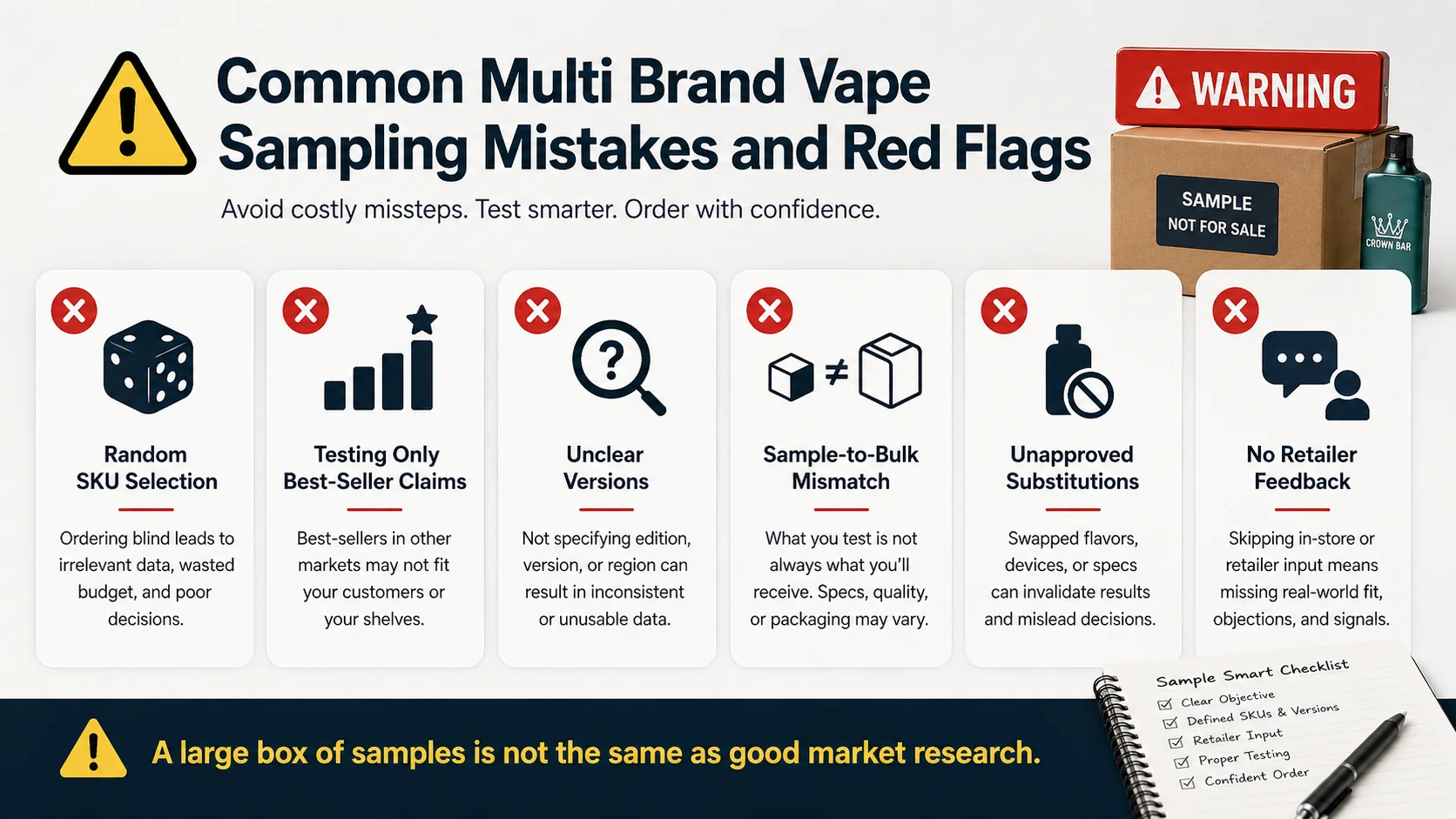 Infographic highlighting common multi-brand vape sampling mistakes such as random SKU selection, unclear versions, and no retailer feedback, with red warning icons and tips.