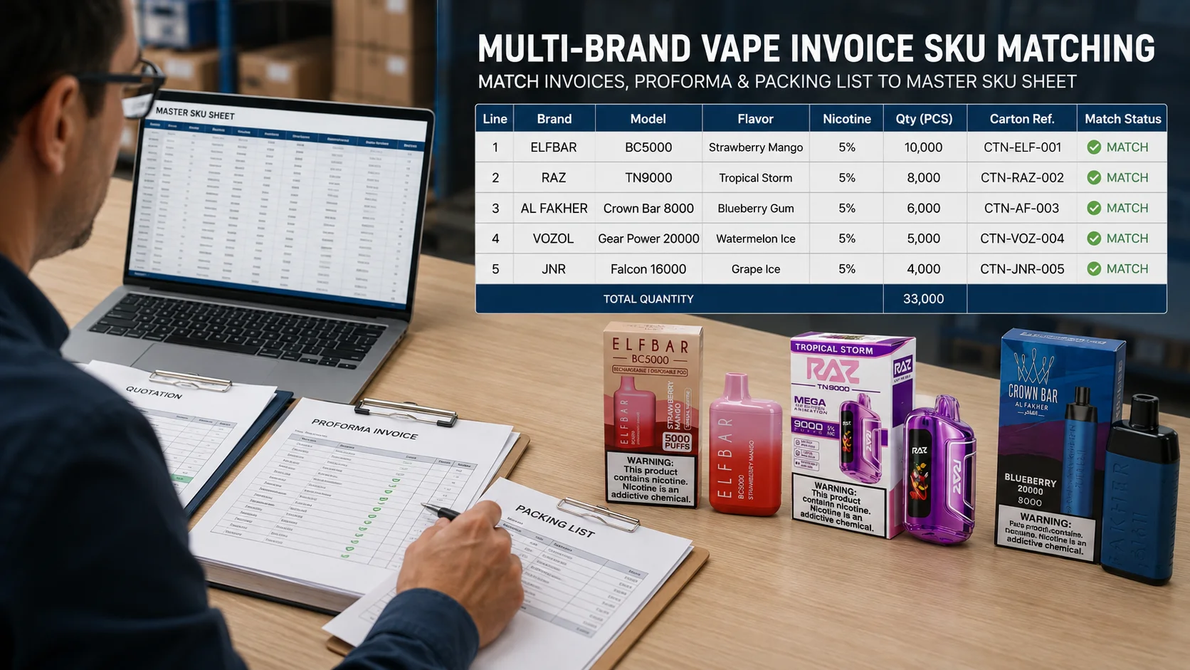 multi brand vape invoice SKU matching across quotation invoice cartons and delivery records