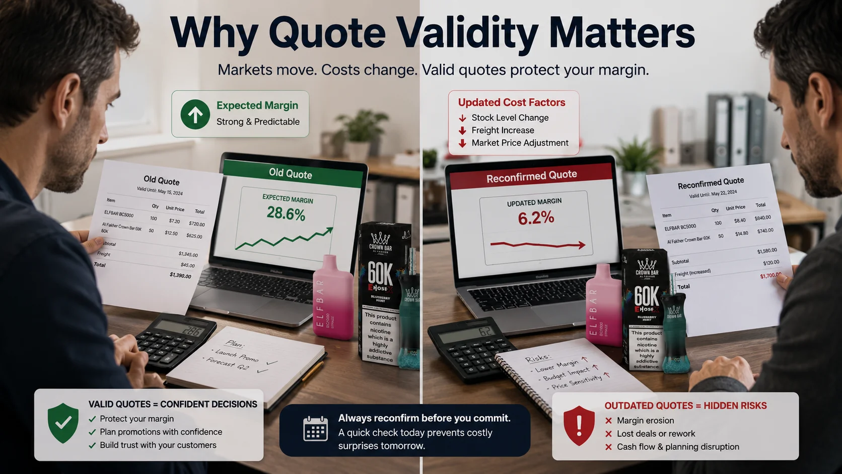 A business setting with a side-by-side comparison of old and reconfirmed quotes, emphasizing the importance of valid quotes to protect profit margins.
