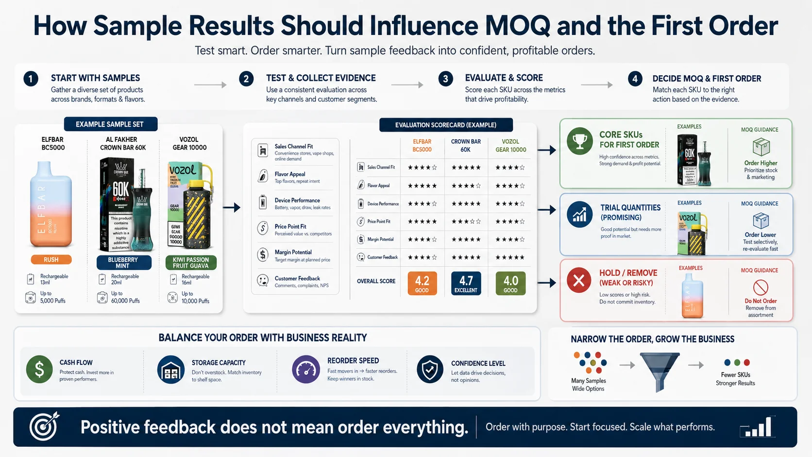 Using vape sample results to plan MOQ and wholesale quantities Multi brand vape sample bundle results guiding MOQ and trial orders
