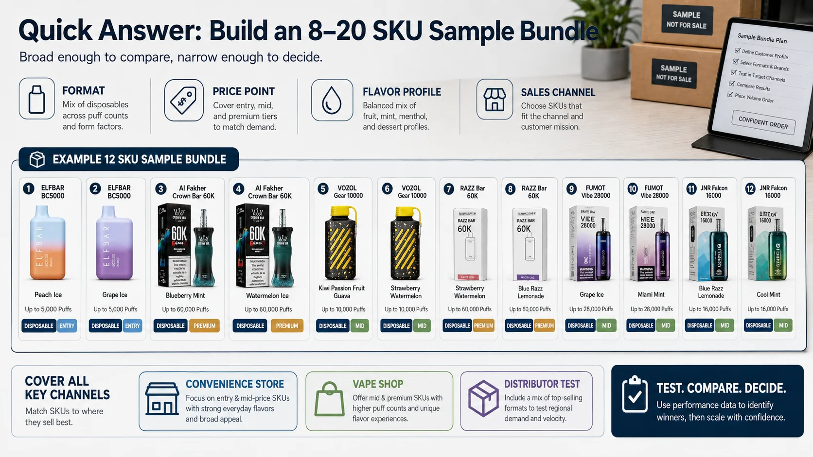 Vape sample bundle with multiple device formats Multi brand vape sample bundle with disposable vape and battery options