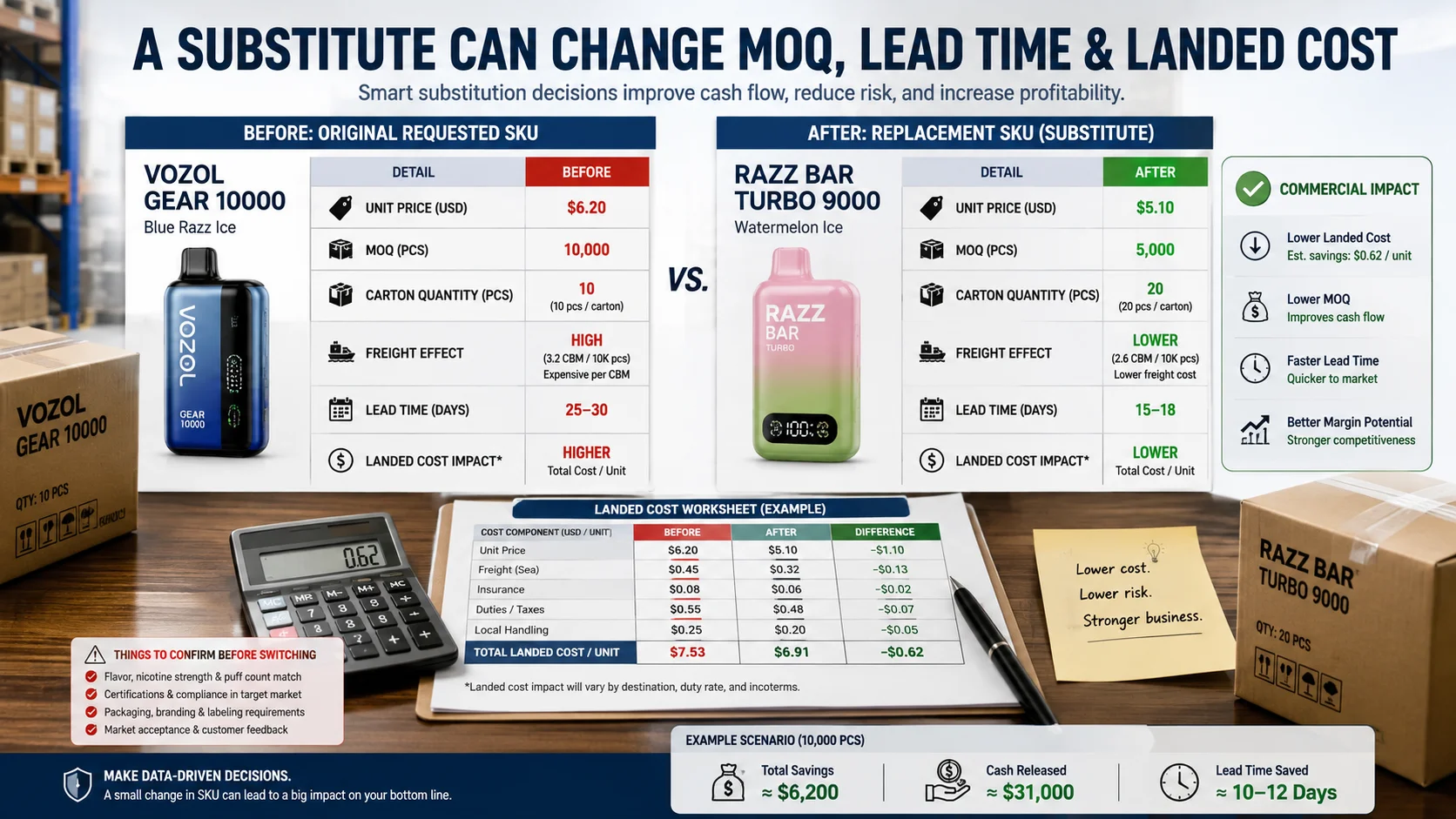 Vape stock substitution rules for wholesalers analyzing MOQ lead time and landed cost