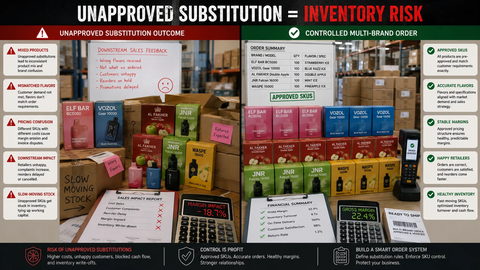 Multi-brand vape wholesale supply and inventory substitution risk