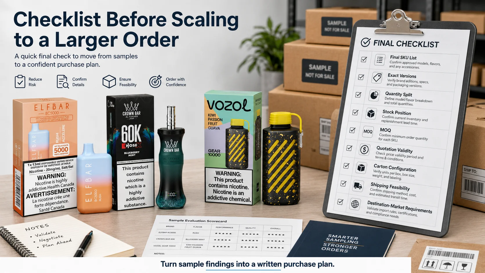 Vape wholesale checklist before scaling from samples to bulk Multi brand vape sample bundle checklist before bulk wholesale order