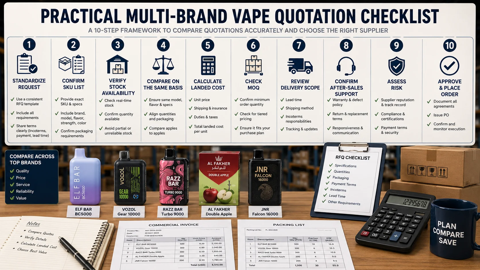 Detailed vape supplier checklist with steps like standardizing requests, confirming stock, calculating costs, assessing risk, and placing orders, with vape products and tools on a desk.