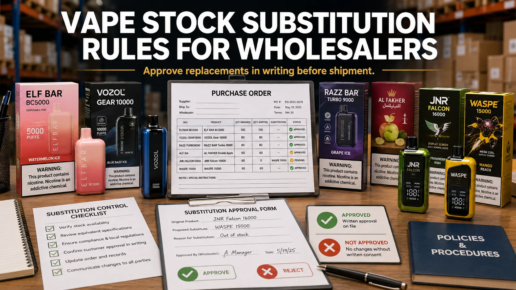 Display of vape products such as Elf Bar and Vozol, a substitution checklist, purchase order, and approval form in a warehouse setting to guide stock substitutions.