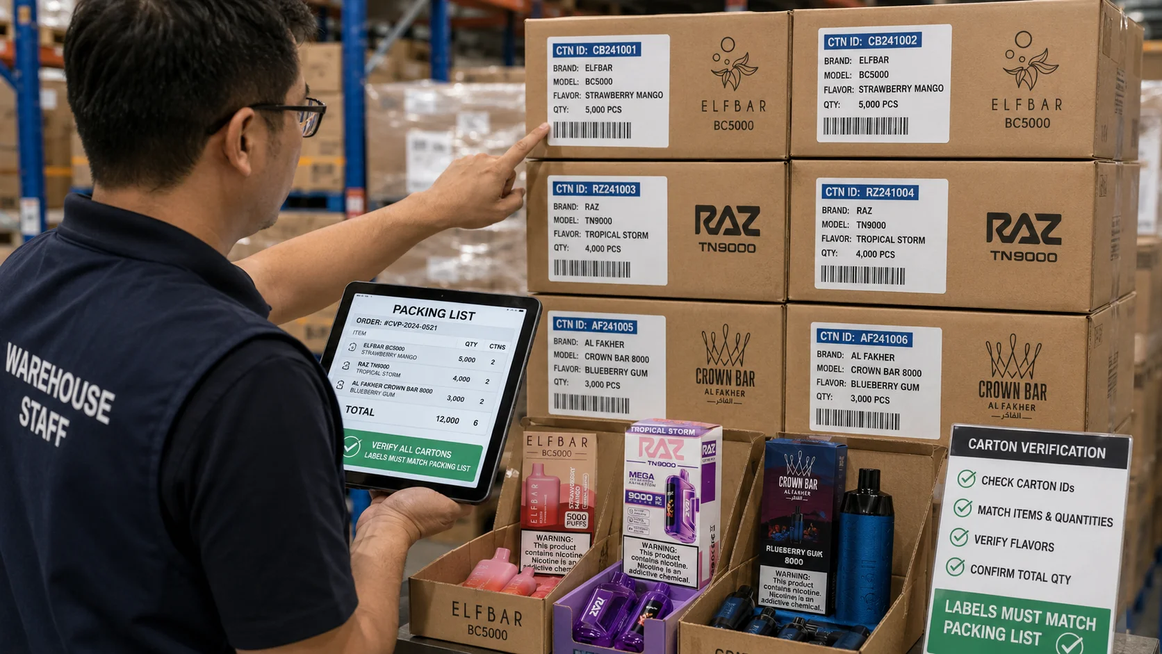 Warehouse staff verifying carton labels of e-cigarette products like Elfbar BC5000, RAZ TN9000, and Crown Bar 8000 using a tablet packing list.