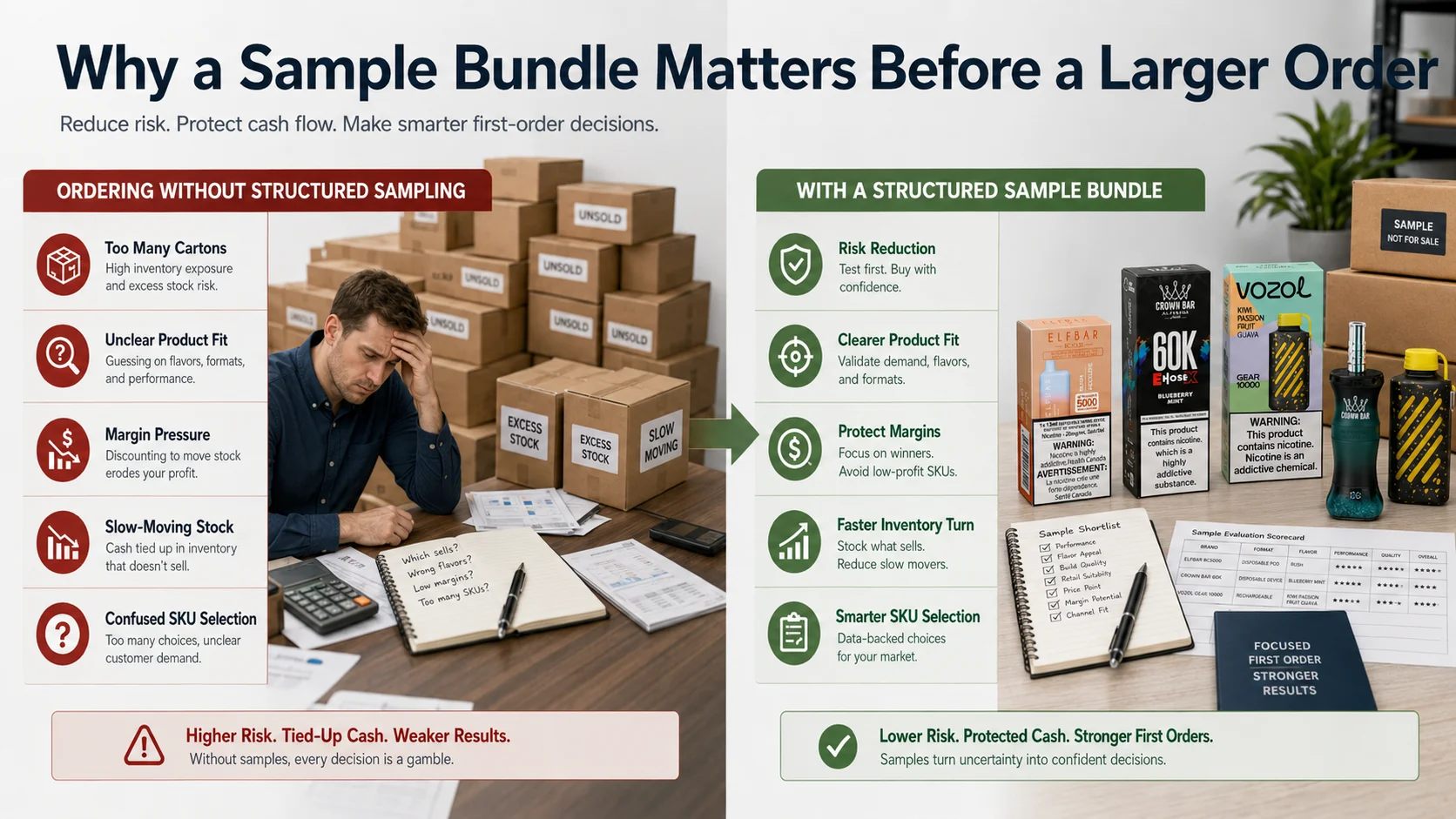 Vape samples for reducing wholesale stock risk Multi brand vape sample bundle reducing wholesale inventory risk