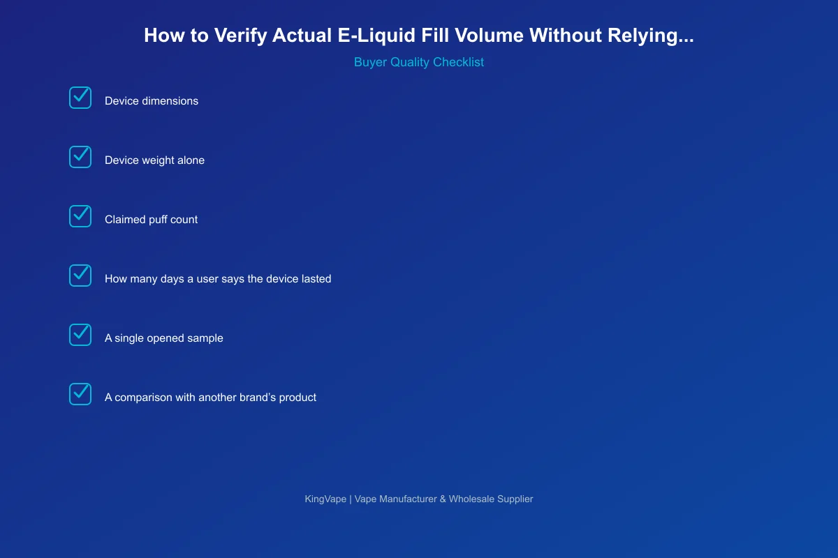 Buyer reviewing actual e-liquid fill volume documents and vape samples